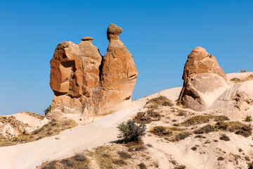 Cappadocia Camel-Shaped Rock Formations. Rock formations in Cappadocia with clear blue sky, suitable for travel and nature themes.