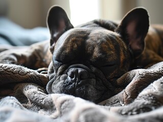 French bulldog dog sleeping on blanket.