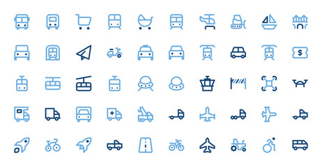 Transport and Travel Icons Set - Vehicles, Adventure, Journey Vector Graphics