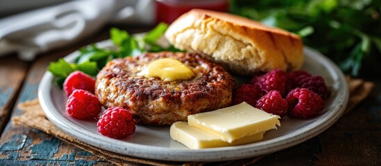 Photo of a Sausage Patty Breakfast with an English Muffin, butter, and Fresh Raspberries on a plate - obrazy, fototapety, plakaty