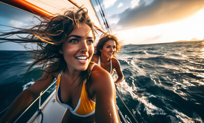 Two young beautiful girls on a sailboat in a choppy and windy sea. Their hair waves in the wind.