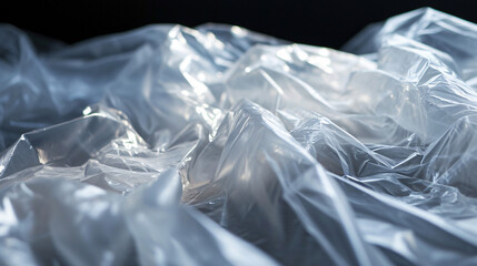 Transparent wrinkled plastic wrap on dark background. Crumpled dark thin plastic backdrop