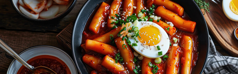 topokki or tteokbokki with boiled egg on a white plate. flat lay angle. perfect for recipe, article, catalogue, commercial, or any cooking contents. - obrazy, fototapety, plakaty