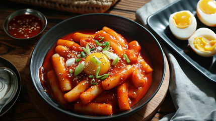 topokki or tteokbokki with boiled egg on a white plate. flat lay angle. perfect for recipe, article, catalogue, commercial, or any cooking contents.