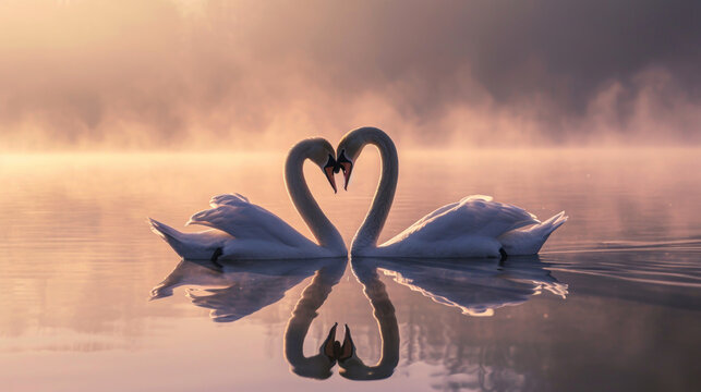 White swans couple in love swimming on lake during sunrise and mist on water.