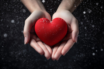 hands holding heart on dark snowy background