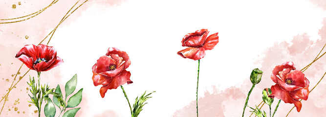 poppies banner watercolot spting red flowers floral wedding design mother's day 14th february