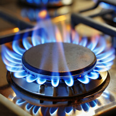 Detail einer Gasherdplatte mit blauen Flammen