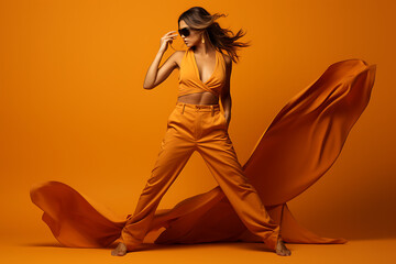 model posing in studio, orange color theme, Model in a sleek orange jumpsuit, striking a dynamic...