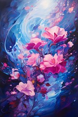 Bursting waves of vibrant magenta and electric blue colliding in a kaleidoscopic dance of fluidity, capturing the essence of boundless energy and motion.