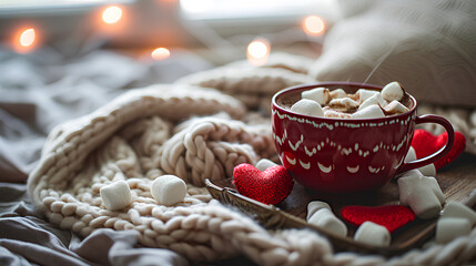 Hot cacao coffee chocolate with marshmallows mug red gift, Valentine's Day concept