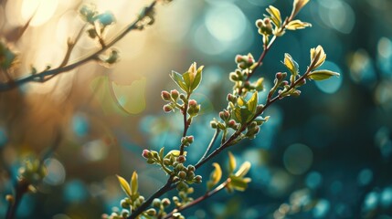 Blooming tree branches on spring blurred background with sun rays