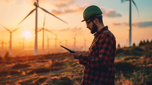 man using tablet computer at the wind farm, renewable concept