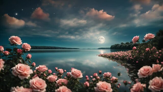Night landscape with lake and roses. AI