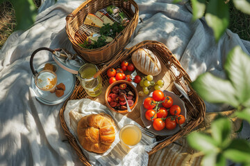 Picnic basket with various of delicious food and drinks on beautiful red cloth blanket on a...