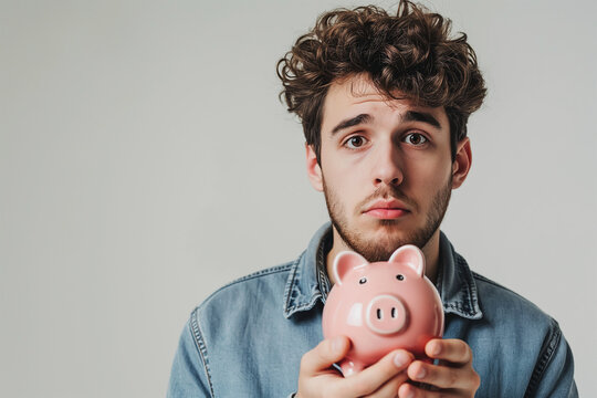 Young man stressed about finances with piggy bank, Saving, Financial problems, Get out of debt