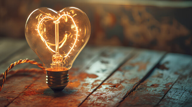 Light bulb with heart-shaped filament, Valentine's Day concept,