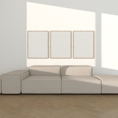three frames mockup on wall in living room with beige couch. 3 empty posters gallery wall mock up, 3d render
