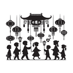 Glowing Traditions - Silhouette of Children with Lantern - Evoking the Timeless Spirit of Chinese New Year Silhouette
