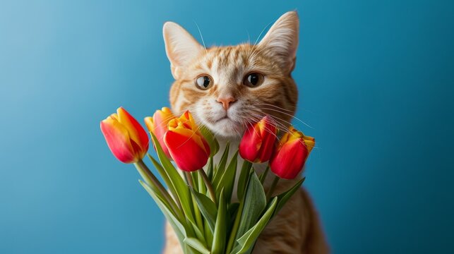 Red cat with a bouquet of tulips blue background, women's day, valentine's day