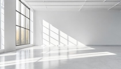 empty white interior room with large window and sun shadow modern architecture template background