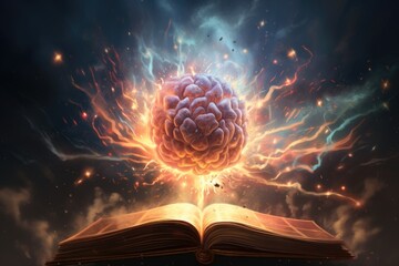 Brain coming out of an open book, conceptual image. 3D rendering, Concept art of a human brain exploding with knowledge and creativity, AI Generated - obrazy, fototapety, plakaty