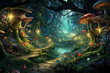 Fantasy landscape with magic forest and mushrooms. 3D illustration, AI Generated