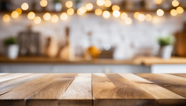 Empty Wooden Table Top With Out Of Focus Lights Bokeh Rustic Farmhouse Kitchen Background