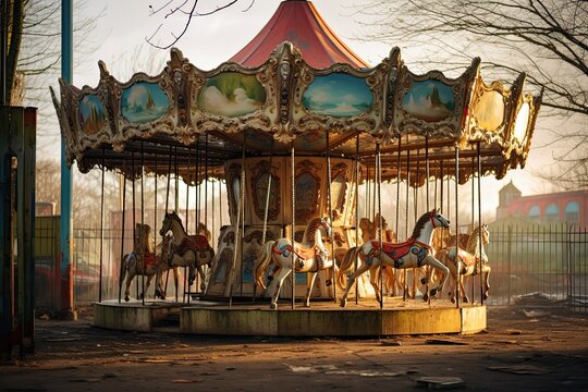 Carousel in an old abandoned amusement park. Carousel with horses, AI Generated