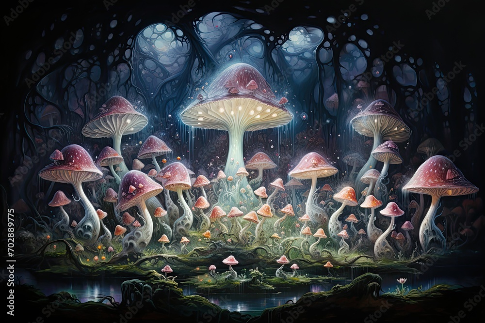 Canvas Prints Fantasy landscape with mushrooms in the forest. 3D illustration, AI Generated