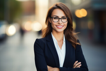 Young pretty smiling professional businesswoman standing up outdoors on the street.  Positive confident young female entrepreneur. Wearing glasses. Generative AI. - obrazy, fototapety, plakaty