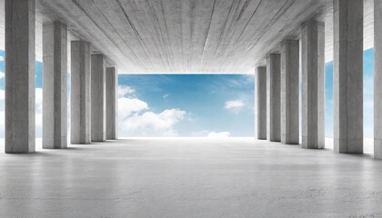 abstract empty modern concrete room with rows of pillars ceiling sky opening in the center and rough floor industrial interior background template - obrazy, fototapety, plakaty
