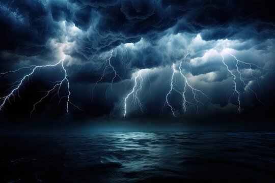 Stormy sky with lightning and water surface, 3d render illustration, AI Generated