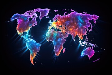 World map with glowing lines on dark background. 3D rendering, AI Generated