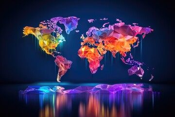 Colorful polygonal world map on dark background. Vector illustration, AI Generated