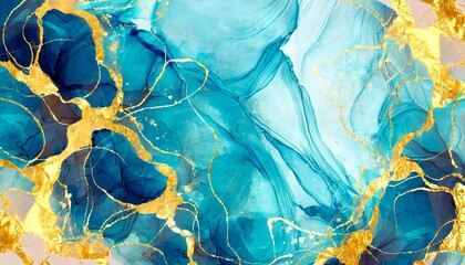 abstract fluid art painting with alcohol ink deep blue liquid design illustration with golden veins wallpaper background luxury interior wall decoration