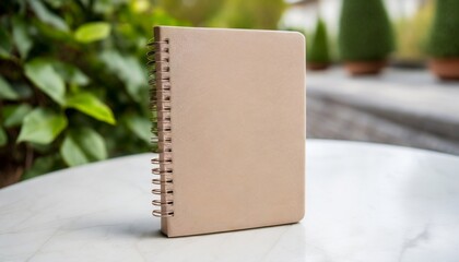 beige notebook mockup with textured kraft hardcover on white table outdoor