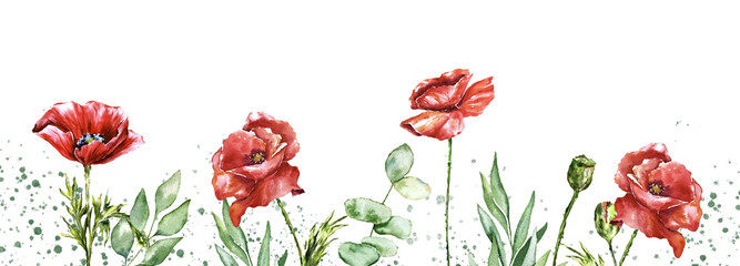 Fototapeta na wymiar poppies banner watercolot spting red flowers floral wedding design mother's day 14th february