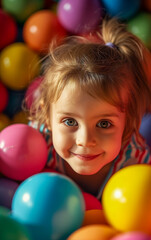 Fototapeta na wymiar A joyful child girl plays surrounded to colored balls