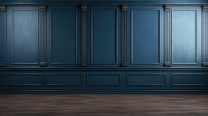 Empty rich dark blue wall mock up, with panels. Victorian style background