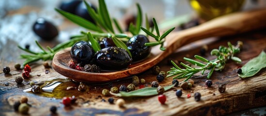 Wooden ladle with black pickled olives, herbs, leaves, and olive oil spilled.