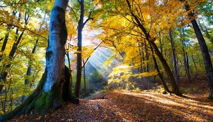 morning in colorful forest with sun rays passing through tree branches.