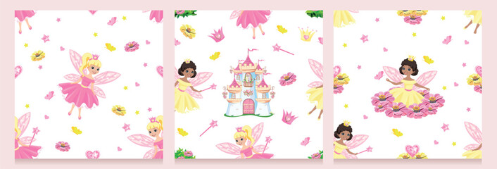 Beautiful princess seamless pattern in cartoon style. Vector background with cute fairies, flowers and butterflies. Set.