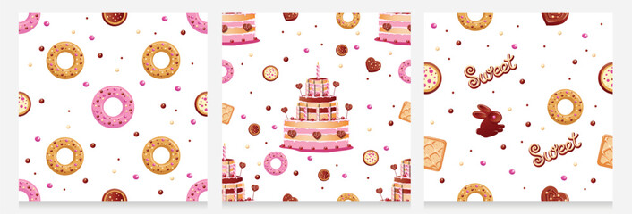 Set of seamless pattern of confectionery products. Delicious and sweet background. Candy land. Chocolate and pastries. Vector background in cartoon style.