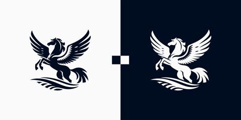 Obraz premium Pegasus horse logo Pegasus Skyline vector design inspiration, Monochrome Emblem of Running Pegasus isolated on white, Vector image of a silhouette of a mythical creature of Pegasus