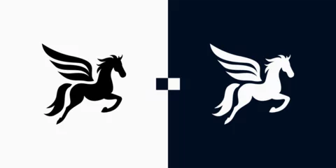 Fotobehang Pegasus horse logo Pegasus Skyline vector design inspiration, Monochrome Emblem of Running Pegasus isolated on white, Vector image of a silhouette of a mythical creature of Pegasus © padhani
