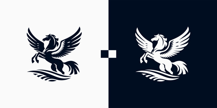 Pegasus horse logo Pegasus Skyline vector design inspiration, Monochrome Emblem of Running Pegasus isolated on white, Vector image of a silhouette of a mythical creature of Pegasus