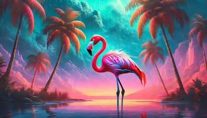 Pink flamingo in the water  - obrazy, fototapety, plakaty