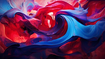 Cascading streams of ruby red and sapphire blue liquid, creating an intricate dance of color and flow in a high-definition capture of a mesmerizing 3D space.
