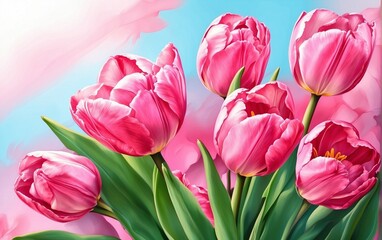 A bouquet of pink tulips, painted in oil. A festive floral arrangement. The blooming of spring flowers are tulips. Flowers for postcards, greetings, weddings, holidays. Nature wallpaper.